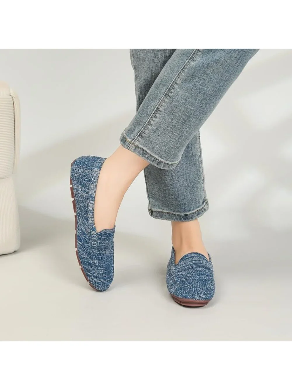 🆕Women's Cow Blue Lightweight Knitted Loafers Casual Flat Shoes Comfortable